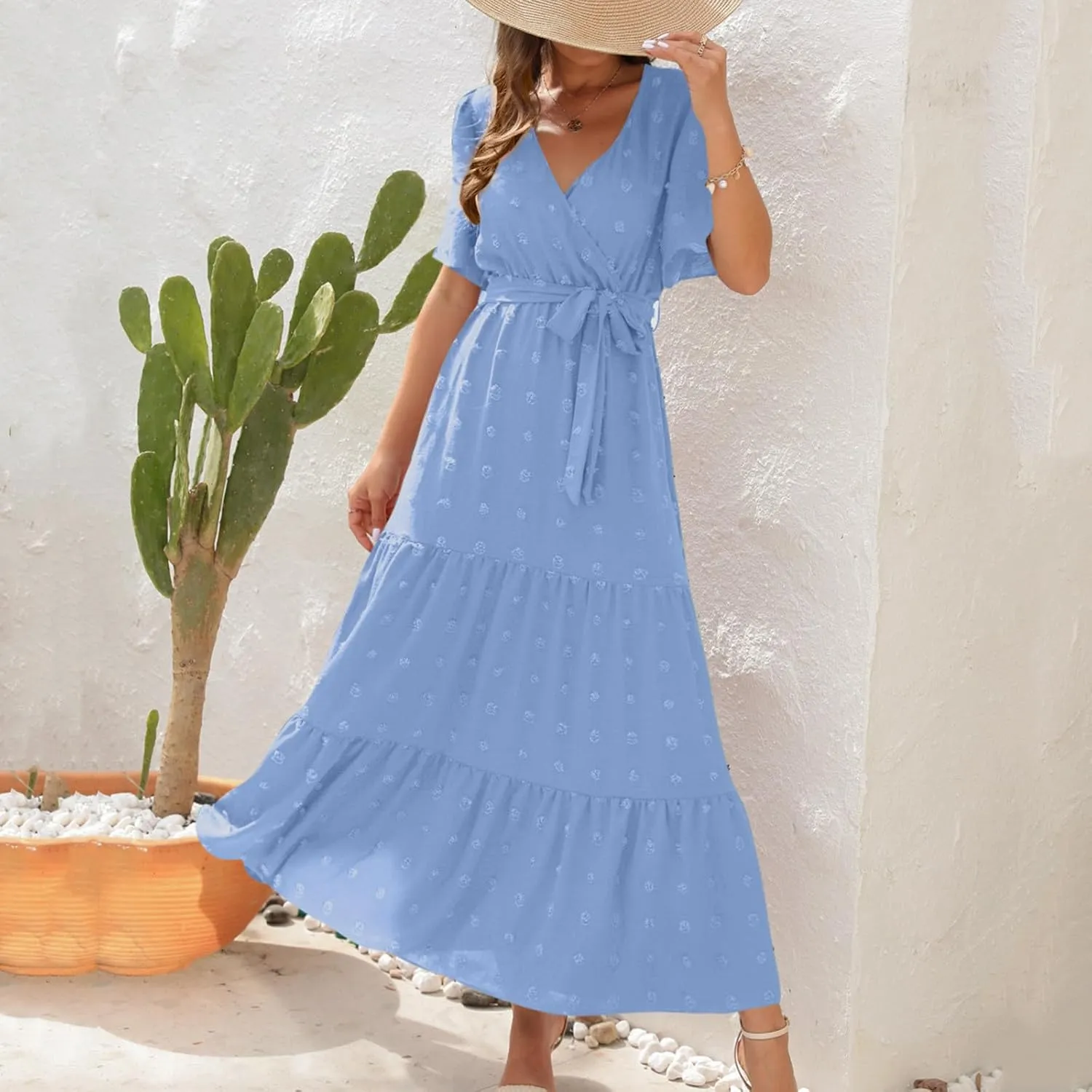 Women's Summer Boho Maxi Dress, Fashion Short Sleeve V-Neck Swiss Dot Casual Clothes High Waist Tie-Up Slim Sundress