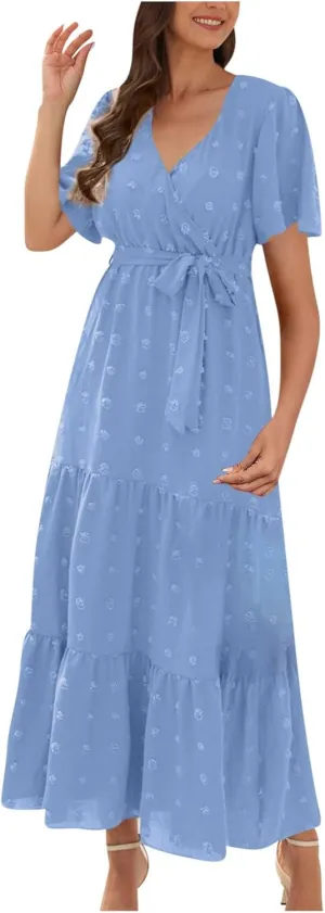 Women's Summer Boho Maxi Dress, Fashion Short Sleeve V-Neck Swiss Dot Casual Clothes High Waist Tie-Up Slim Sundress