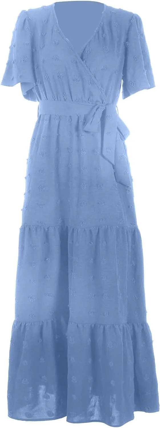 Women's Summer Boho Maxi Dress, Fashion Short Sleeve V-Neck Swiss Dot Casual Clothes High Waist Tie-Up Slim Sundress