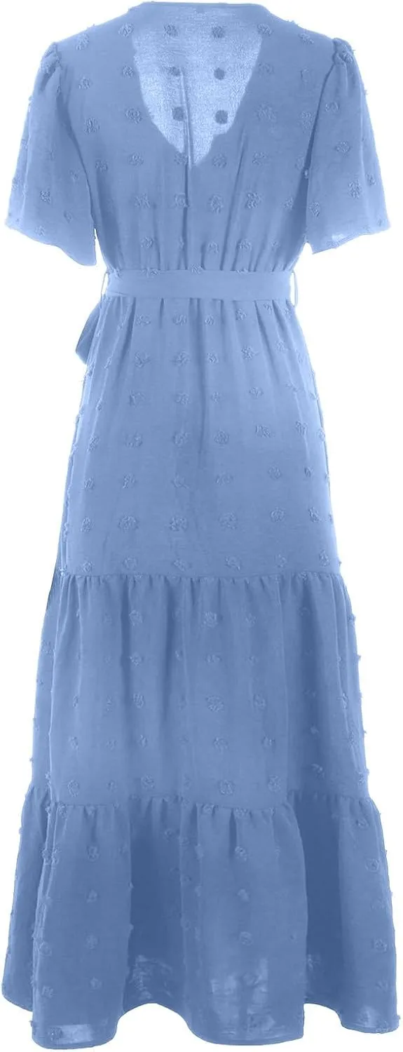 Women's Summer Boho Maxi Dress, Fashion Short Sleeve V-Neck Swiss Dot Casual Clothes High Waist Tie-Up Slim Sundress