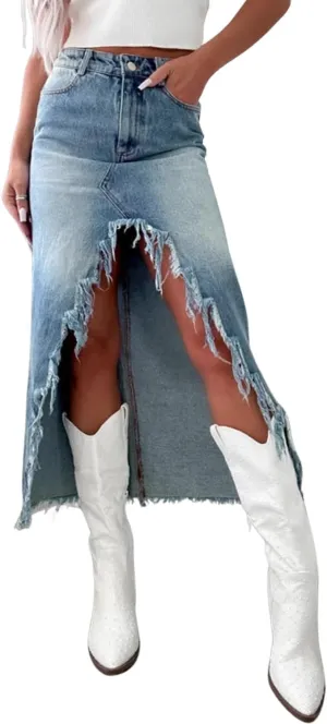 Women's Summer Casual Slit Denim Midi Jean Skirt High Waist Frayed Distressed Button A-Line Denim Skirt Retro Y2K Jean Skirts