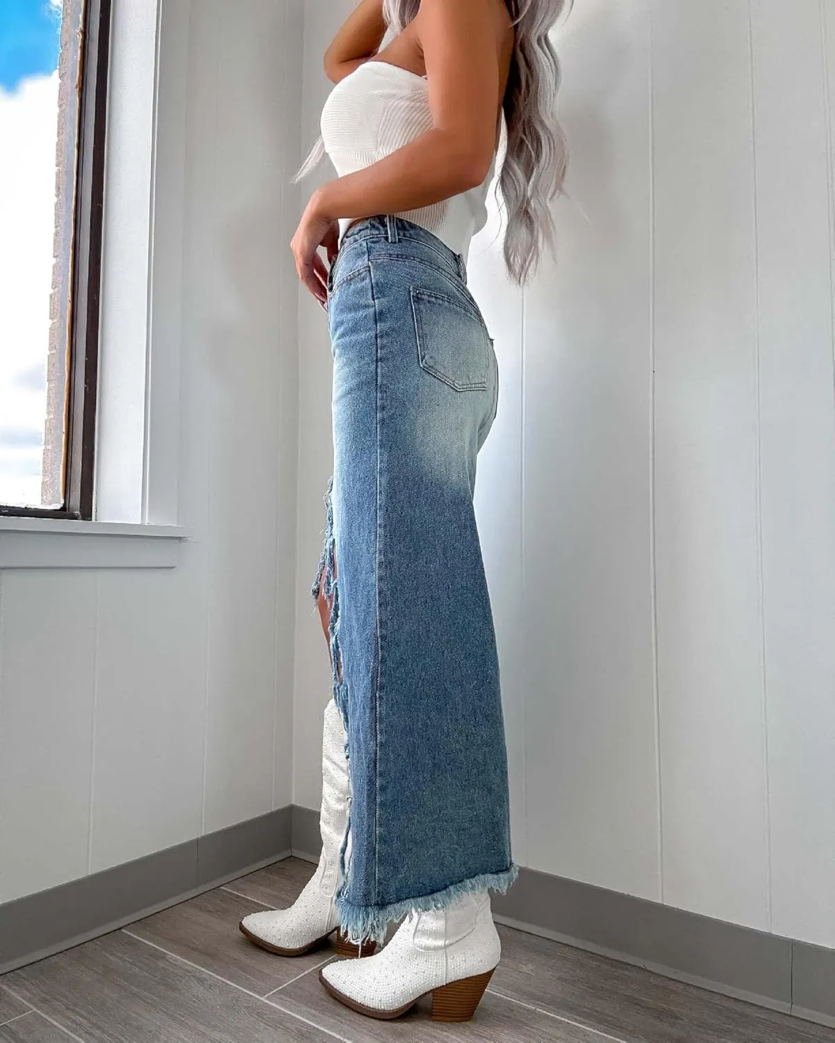 Women's Summer Casual Slit Denim Midi Jean Skirt High Waist Frayed Distressed Button A-Line Denim Skirt Retro Y2K Jean Skirts