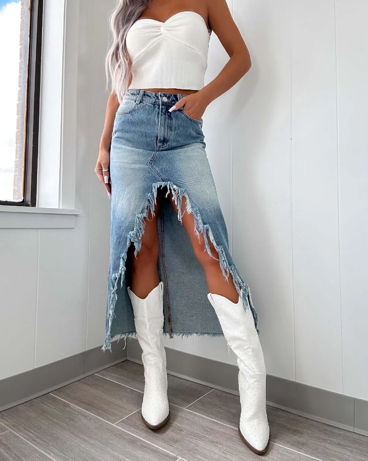 Women's Summer Casual Slit Denim Midi Jean Skirt High Waist Frayed Distressed Button A-Line Denim Skirt Retro Y2K Jean Skirts