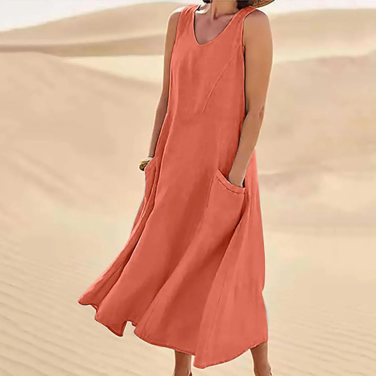 Women's Summer Cotton Linen Long Dress Sleeveless Elegant Flowy Dresses Plus Size Loose Comfy Dresses with Pockets
