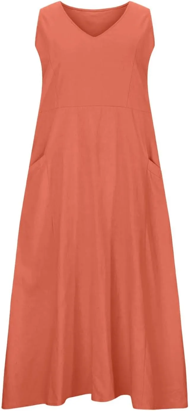 Women's Summer Cotton Linen Long Dress Sleeveless Elegant Flowy Dresses Plus Size Loose Comfy Dresses with Pockets