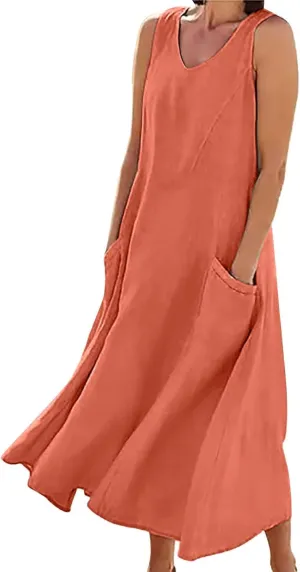 Women's Summer Cotton Linen Long Dress Sleeveless Elegant Flowy Dresses Plus Size Loose Comfy Dresses with Pockets