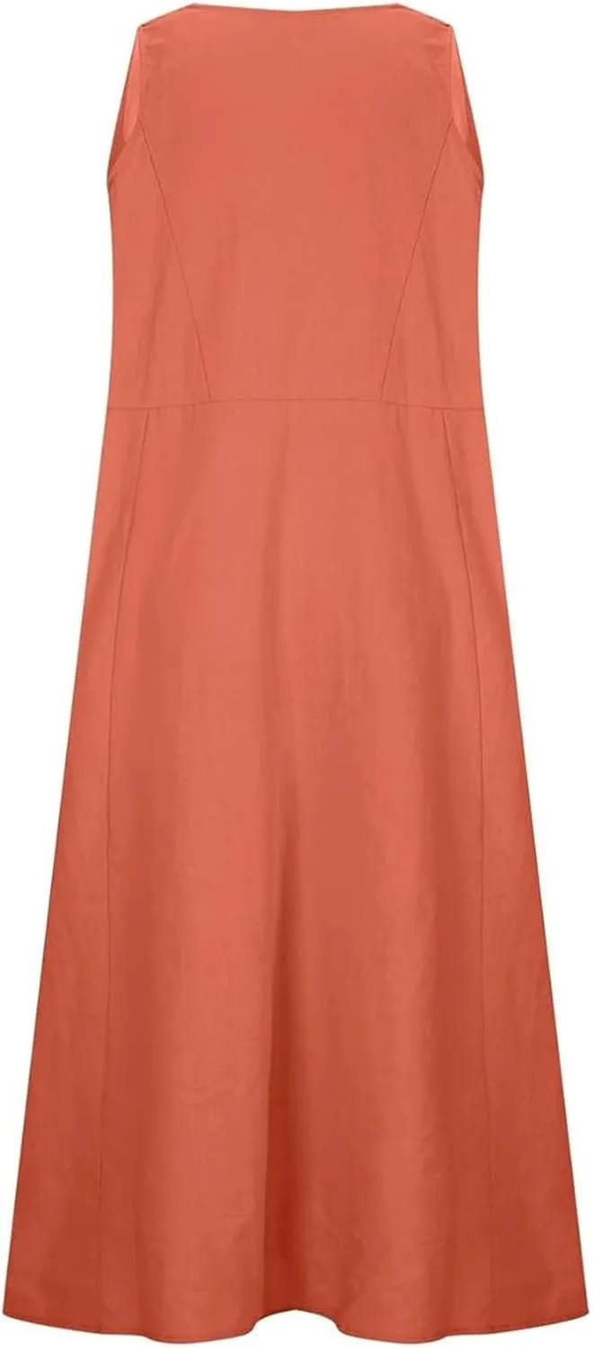 Women's Summer Cotton Linen Long Dress Sleeveless Elegant Flowy Dresses Plus Size Loose Comfy Dresses with Pockets