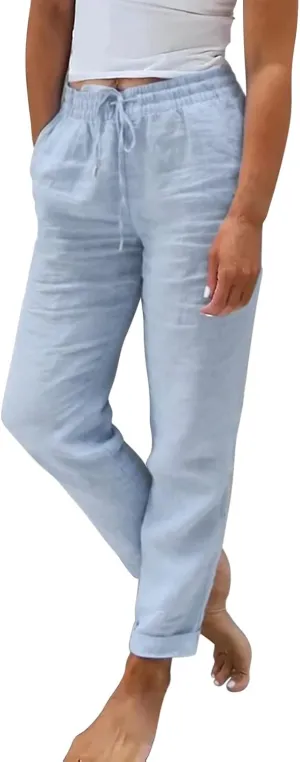 Women's Summer Cotton Linen Pants Drawstring Elastic Waist Straight Leg Cropped Pants Loose Fit Trousers with Pockets