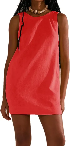 Womens Summer Crew Neck Sleeveless Tank Open Back Dress Cotton Linen Casual Sundress Beach Solid Sunshine Mini Dress