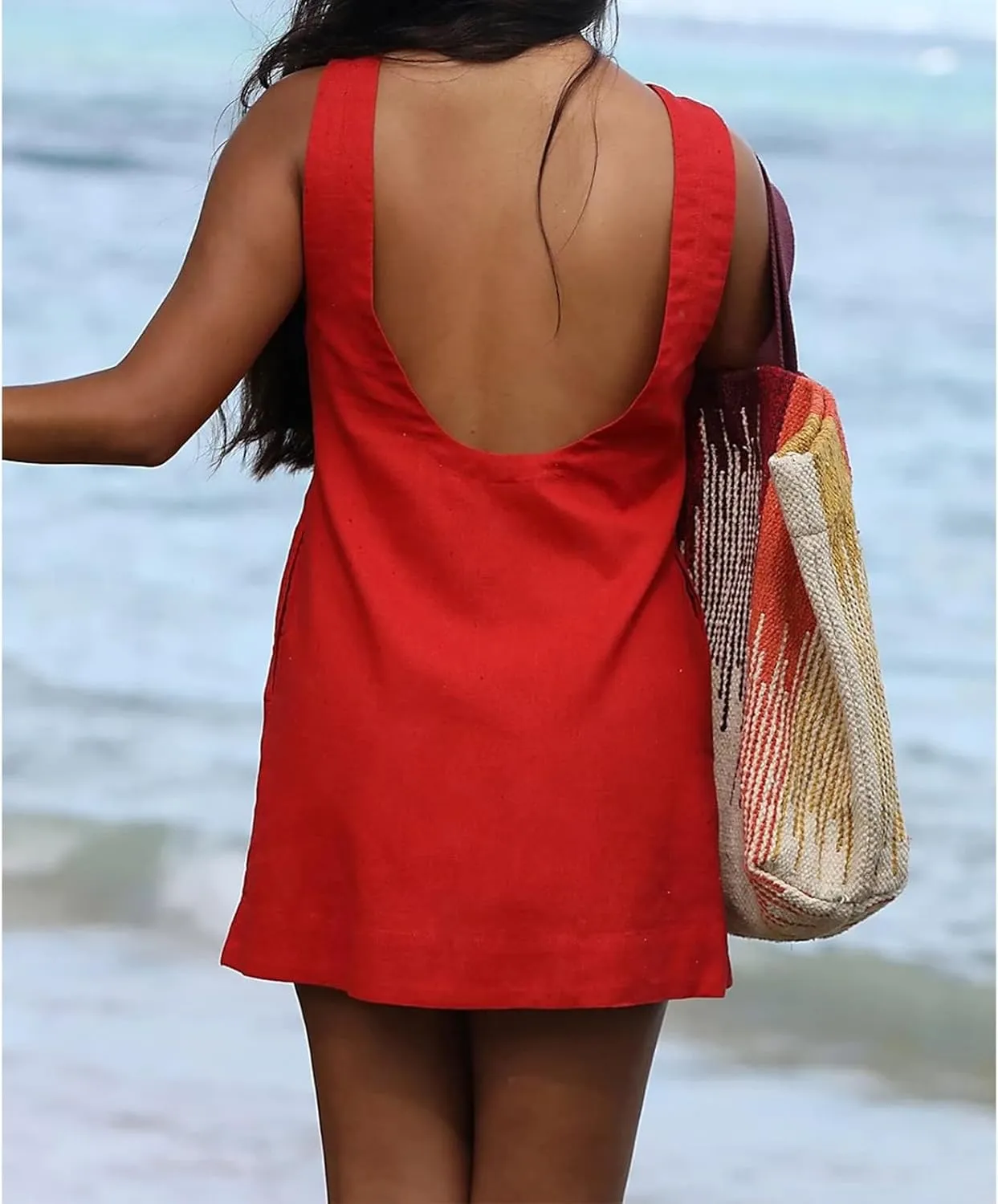 Womens Summer Crew Neck Sleeveless Tank Open Back Dress Cotton Linen Casual Sundress Beach Solid Sunshine Mini Dress