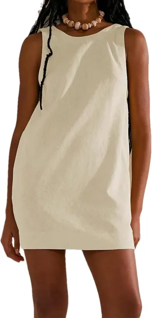 Womens Summer Crew Neck Sleeveless Tank Open Back Dress Cotton Linen Casual Sundress Beach Solid Sunshine Mini Dress