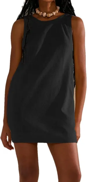Womens Summer Crew Neck Sleeveless Tank Open Back Dress Cotton Linen Casual Sundress Beach Solid Sunshine Mini Dress