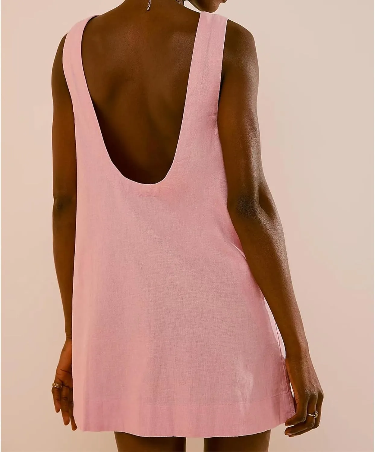 Womens Summer Crew Neck Sleeveless Tank Open Back Dress Cotton Linen Casual Sundress Beach Solid Sunshine Mini Dress