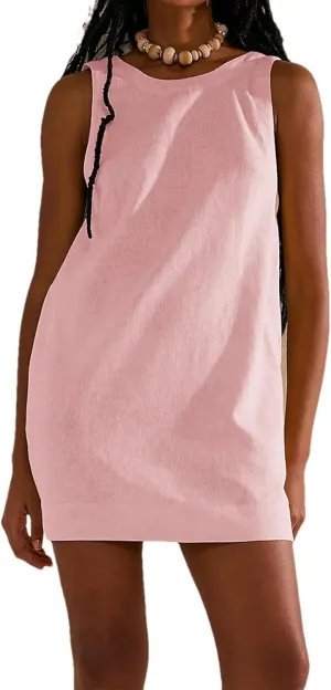 Womens Summer Crew Neck Sleeveless Tank Open Back Dress Cotton Linen Casual Sundress Beach Solid Sunshine Mini Dress