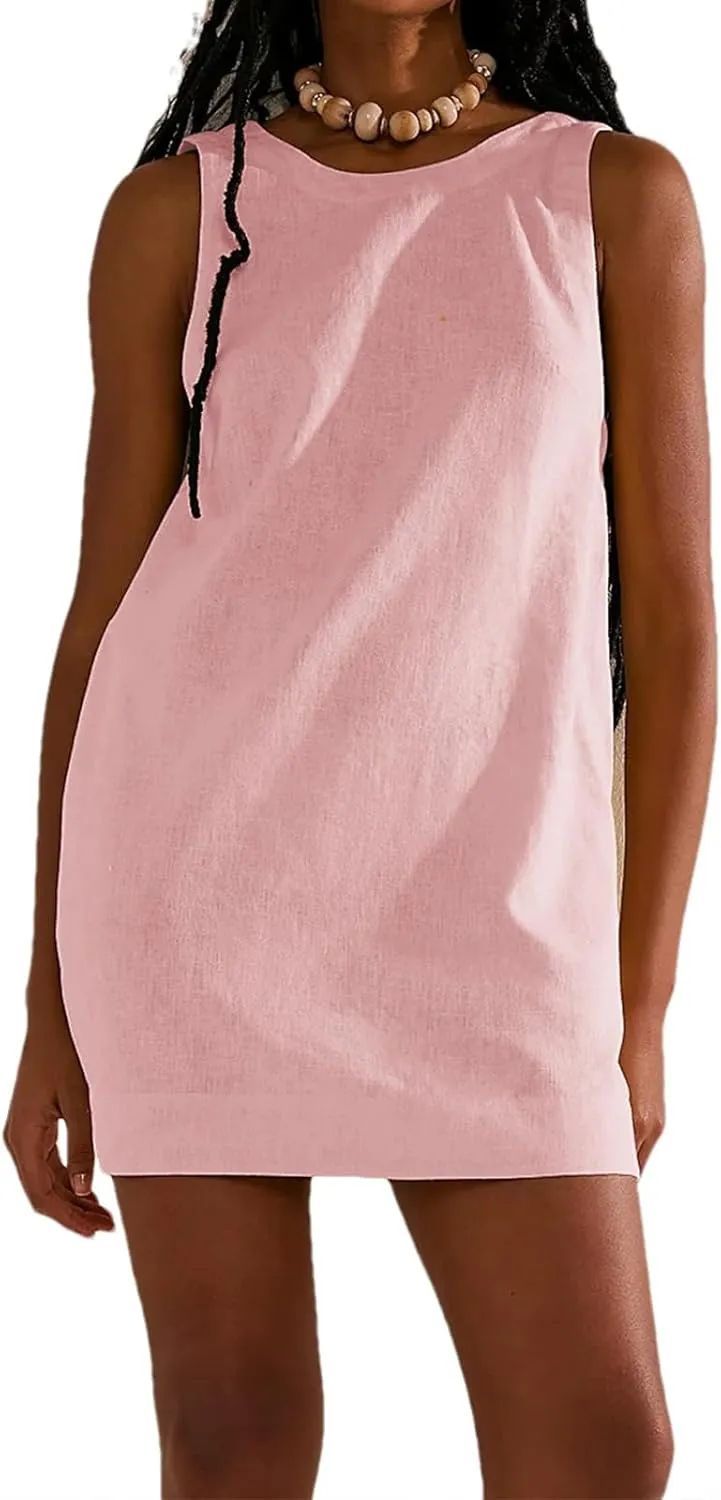 Womens Summer Crew Neck Sleeveless Tank Open Back Dress Cotton Linen Casual Sundress Beach Solid Sunshine Mini Dress