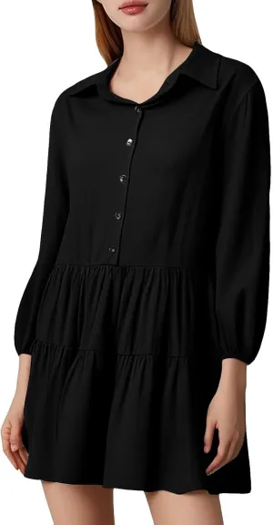 Womens Summer Dresses Vintage Classic Button Down Long Sleeve Tiered Ruffle Hem Funeral Dress Short Church Sundresses