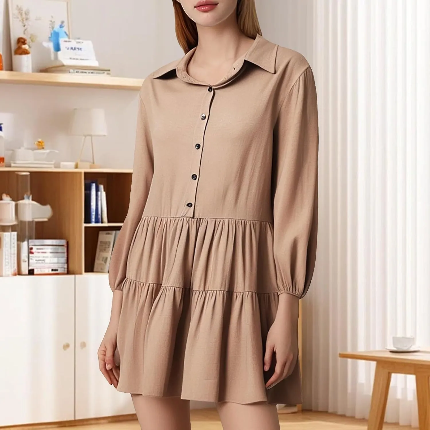 Womens Summer Dresses Vintage Classic Button Down Long Sleeve Tiered Ruffle Hem Funeral Dress Short Church Sundresses
