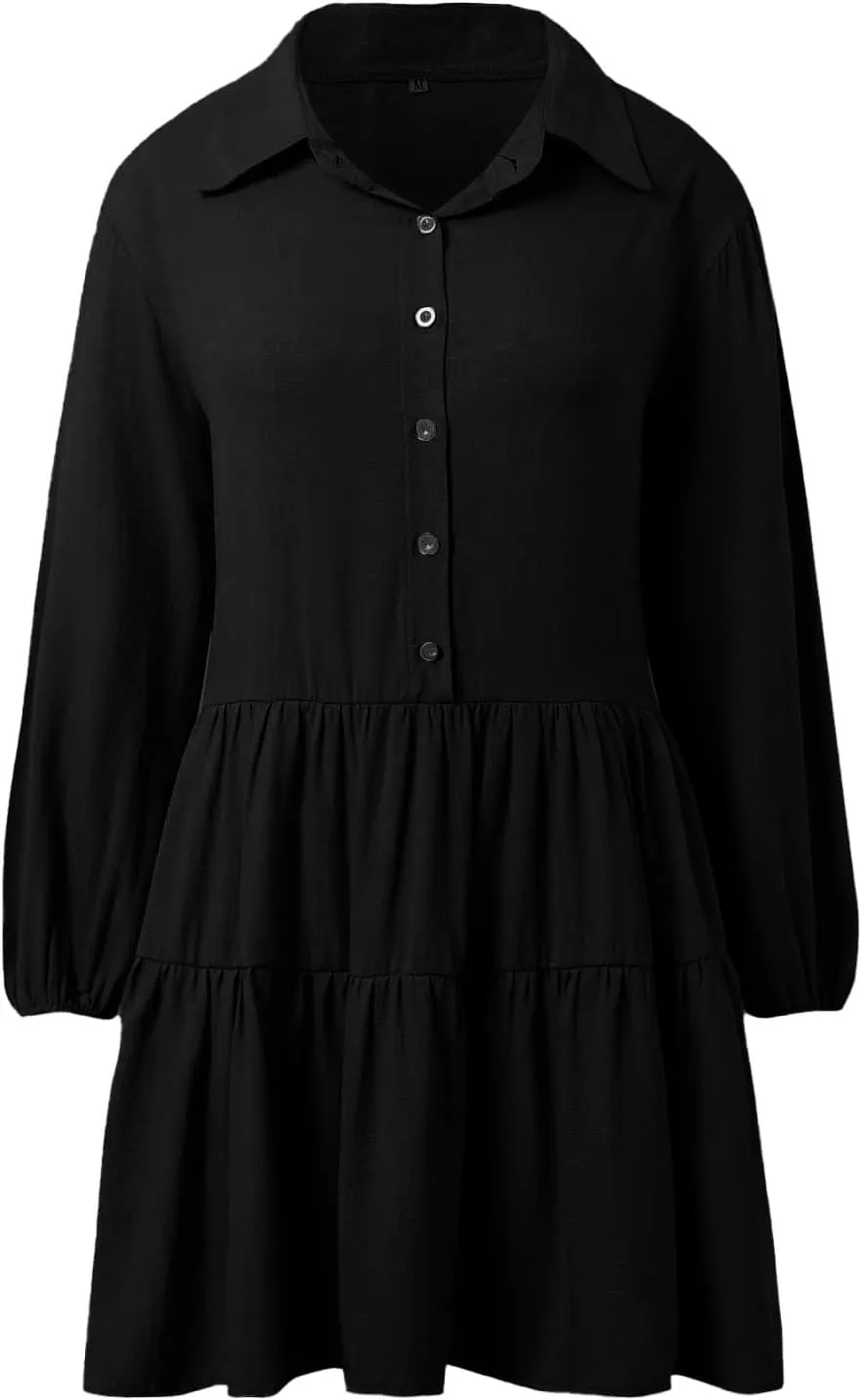 Womens Summer Dresses Vintage Classic Button Down Long Sleeve Tiered Ruffle Hem Funeral Dress Short Church Sundresses