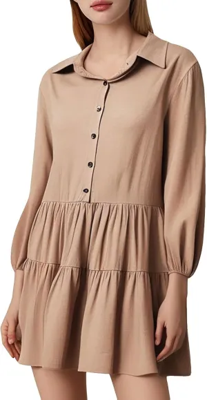 Womens Summer Dresses Vintage Classic Button Down Long Sleeve Tiered Ruffle Hem Funeral Dress Short Church Sundresses