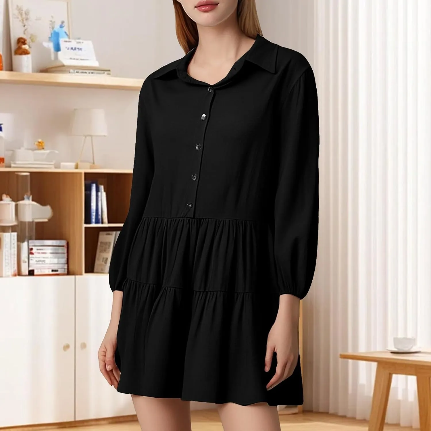 Womens Summer Dresses Vintage Classic Button Down Long Sleeve Tiered Ruffle Hem Funeral Dress Short Church Sundresses