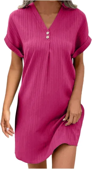 Womens Summer Shirt Dress Short Sleeve A Line Shift Dress Casual Loose Fit Beach Sundress Shirt Tunic Dresses with Pockets