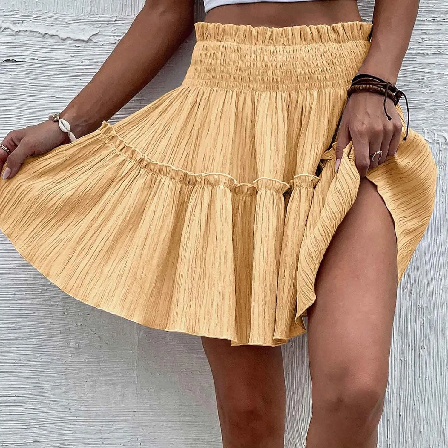 Women's Summer Skirts Cute High Waist Ruffle Skirt Swing Beach Mini Skirt A-Line Flowy Boho Beach Skirts