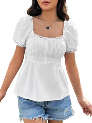Womens Summer Square Neck Puff Sleeve Lace Trim Peplum Blouse Tee Shirt Top for Women