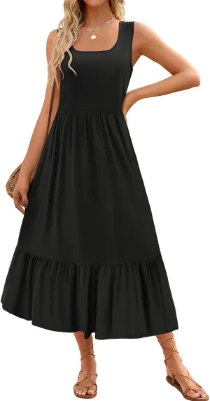 Womens Summer Sundress Crewneck Sleeveless Flowy Tiered Maxi Long Beach Dress Casual Vacation Outfits with Pockets