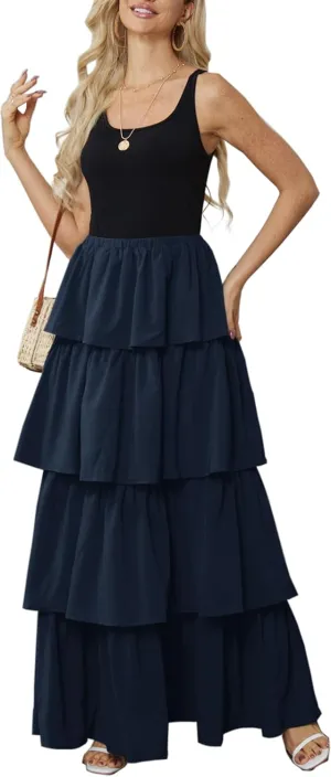 Womens Summer Tank Top Maxi Dress Smocked Ruffle Layered A Line Tiered Flowy Summer Casual Long Sundress