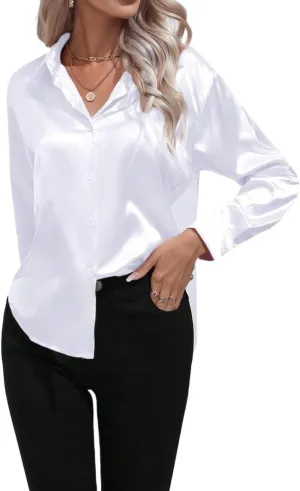 Womens Summer Work Blouse Women's Casual Lapel Button Front Faux Satin Satin Blouse Top Tops