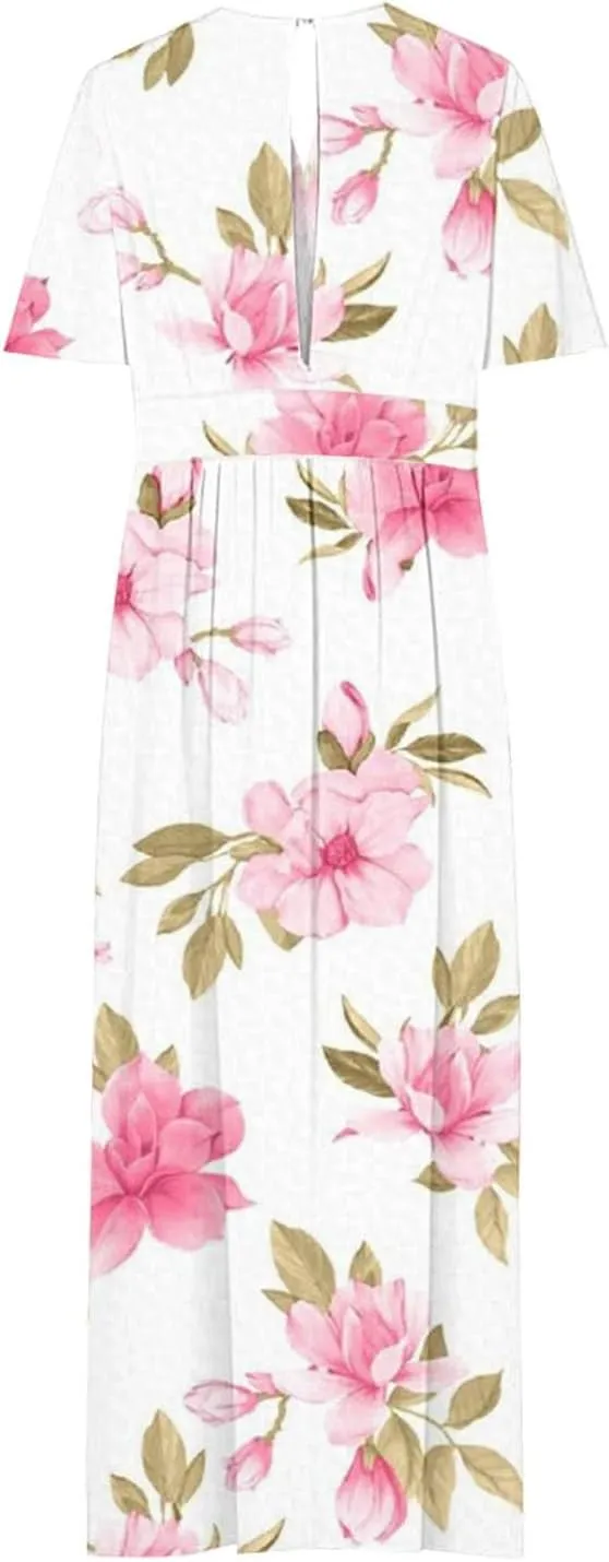 Womens Summer Wrap Maxi Dress Casual Boho Floral V Neck Short Sleeve Plus Size Hem Split Beach Long Dresses