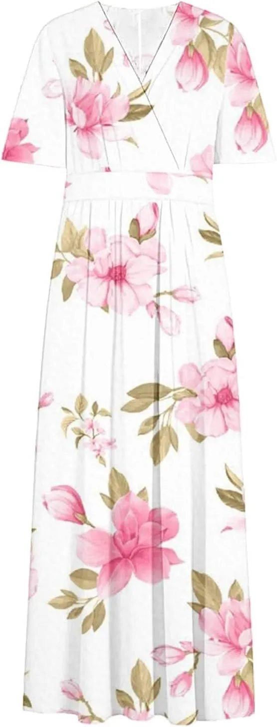 Womens Summer Wrap Maxi Dress Casual Boho Floral V Neck Short Sleeve Plus Size Hem Split Beach Long Dresses