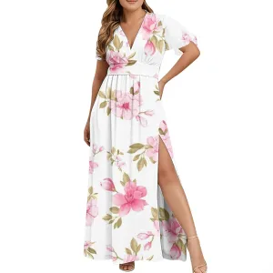 Womens Summer Wrap Maxi Dress Casual Boho Floral V Neck Short Sleeve Plus Size Hem Split Beach Long Dresses