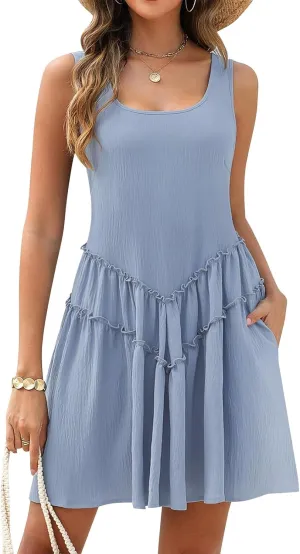 Womens Swimsuit Coverup Summer Sleeveless Square Neck Sundresses Casual Flowy Tiered Beach Vacation Swim Suits