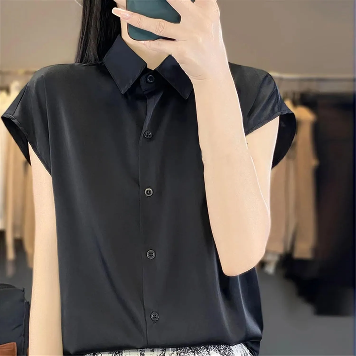 Women's T-Shirt Silk Short Sleeve Casual Satin Blouse Collar Satin Tops Clothes Loose Cardigan