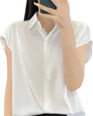 Women's T-Shirt Silk Short Sleeve Casual Satin Blouse Collar Satin Tops Clothes Loose Cardigan