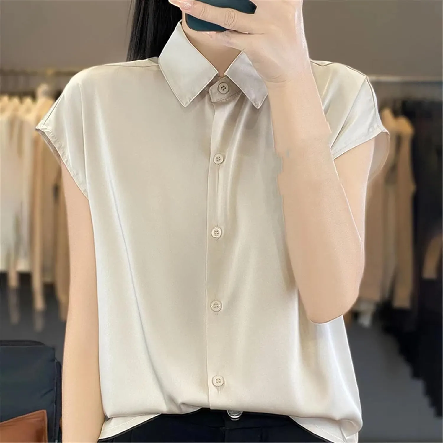 Women's T-Shirt Silk Short Sleeve Casual Satin Blouse Collar Satin Tops Clothes Loose Cardigan