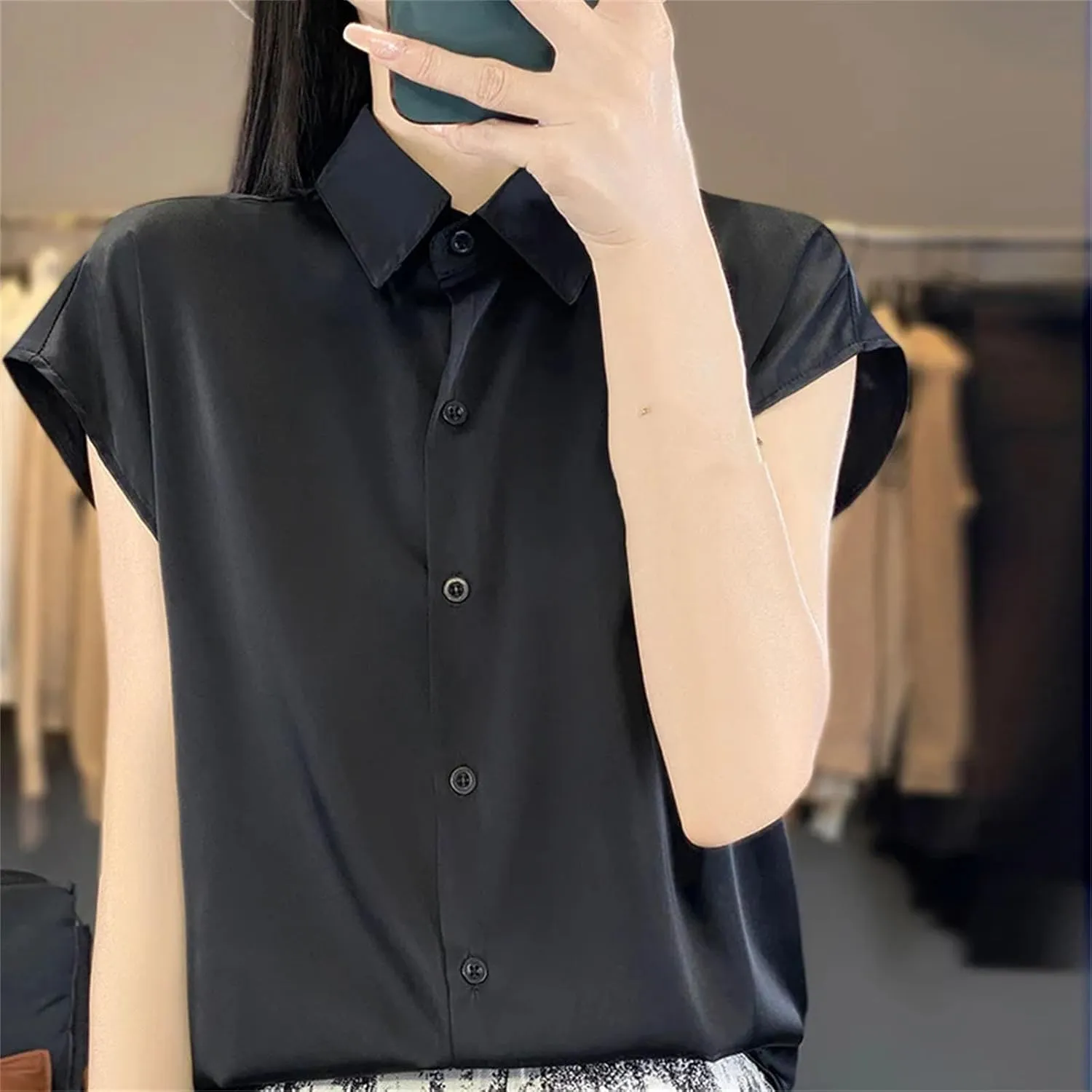 Women's T-Shirt Silk Short Sleeve Casual Satin Blouse Collar Satin Tops Clothes Loose Cardigan