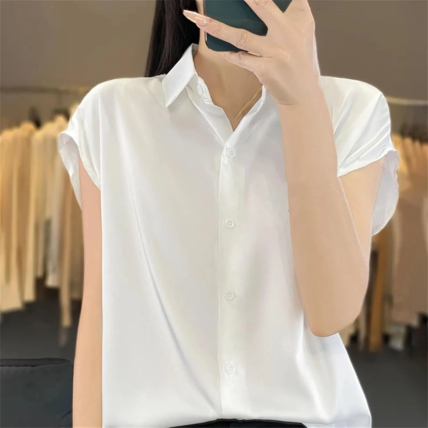 Women's T-Shirt Silk Short Sleeve Casual Satin Blouse Collar Satin Tops Clothes Loose Cardigan