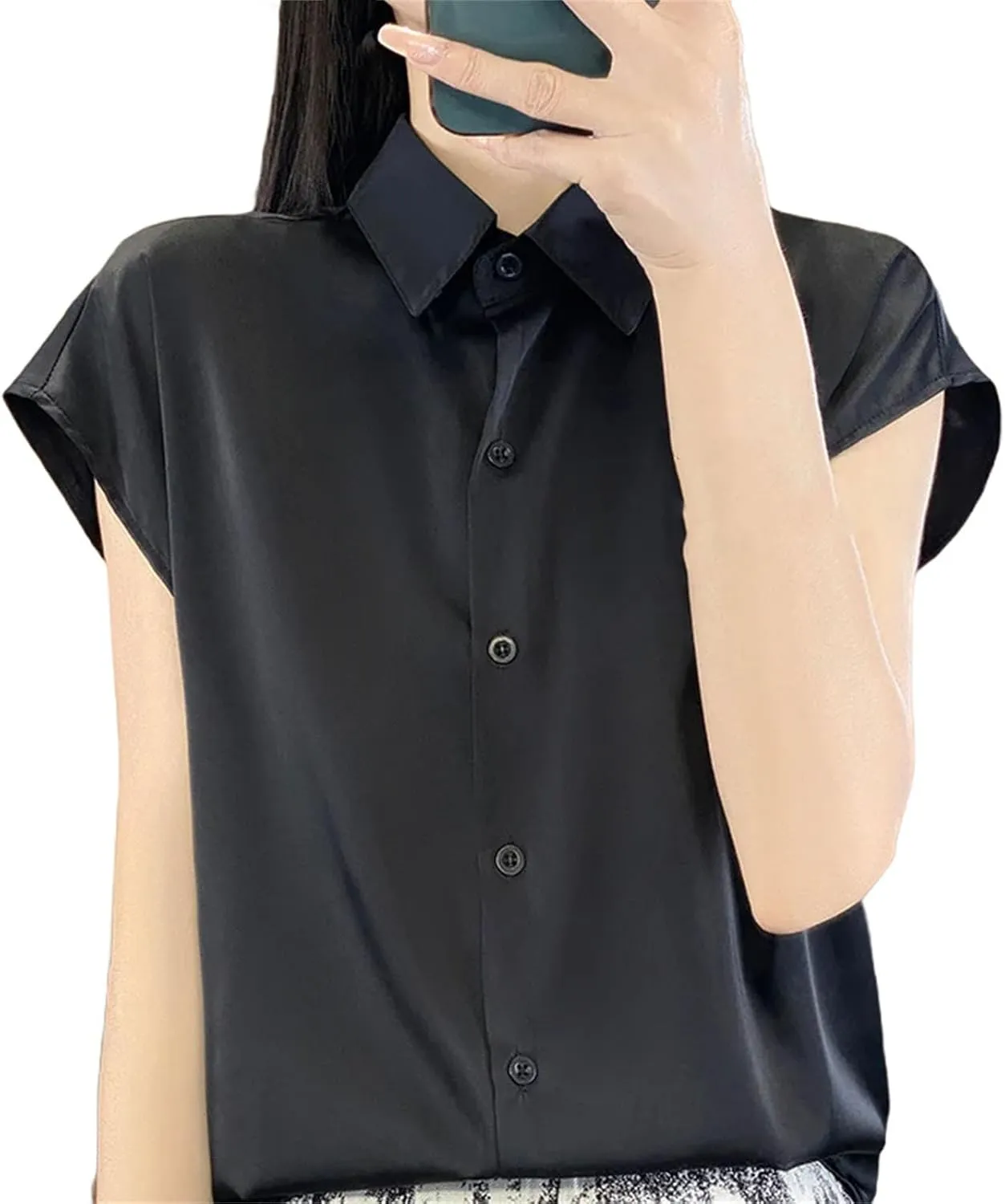 Women's T-Shirt Silk Short Sleeve Casual Satin Blouse Collar Satin Tops Clothes Loose Cardigan