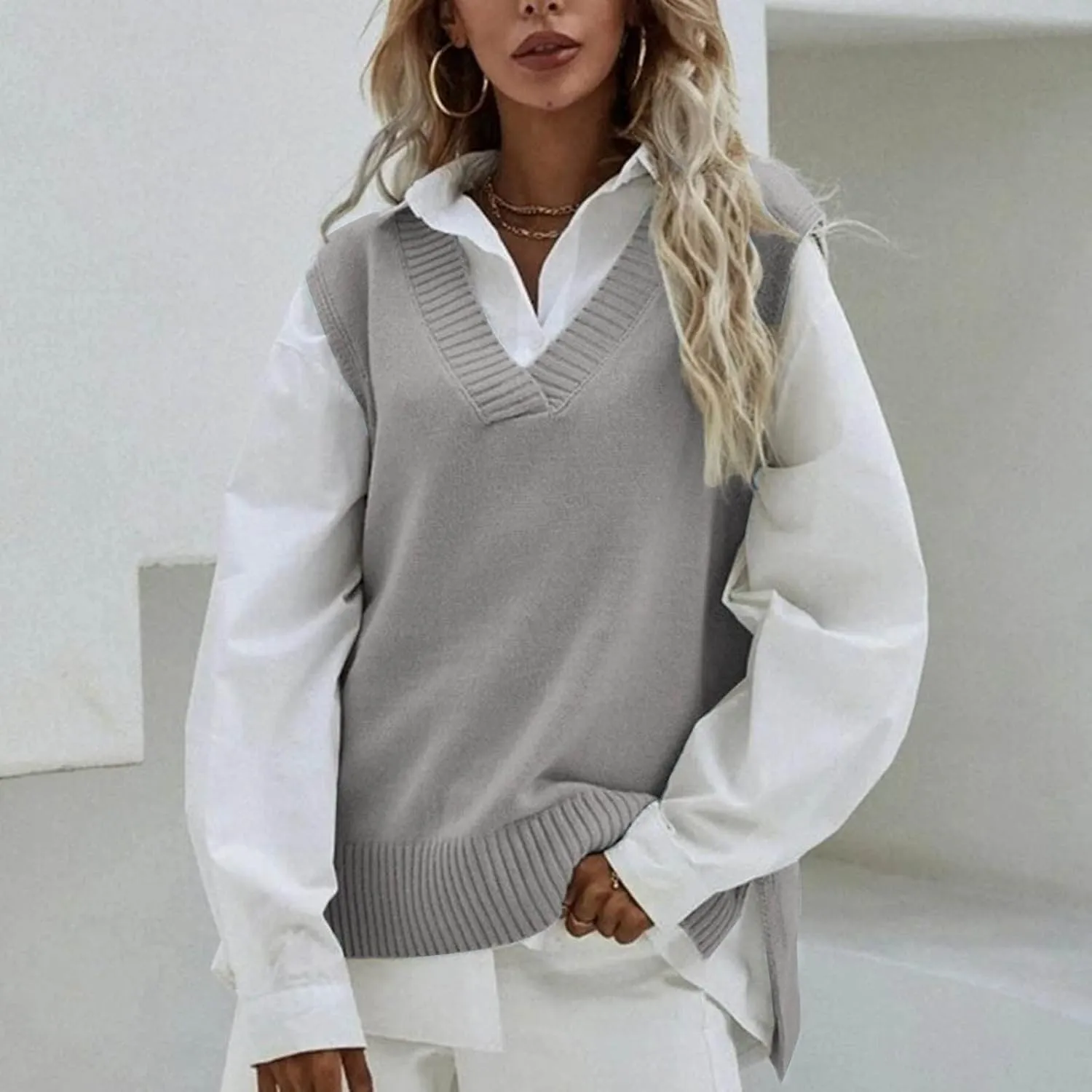 Womens V Neck Oversized Sweater Vest Oversized Sleeveless Cable Knitted Pullover Knit Vest Sweater