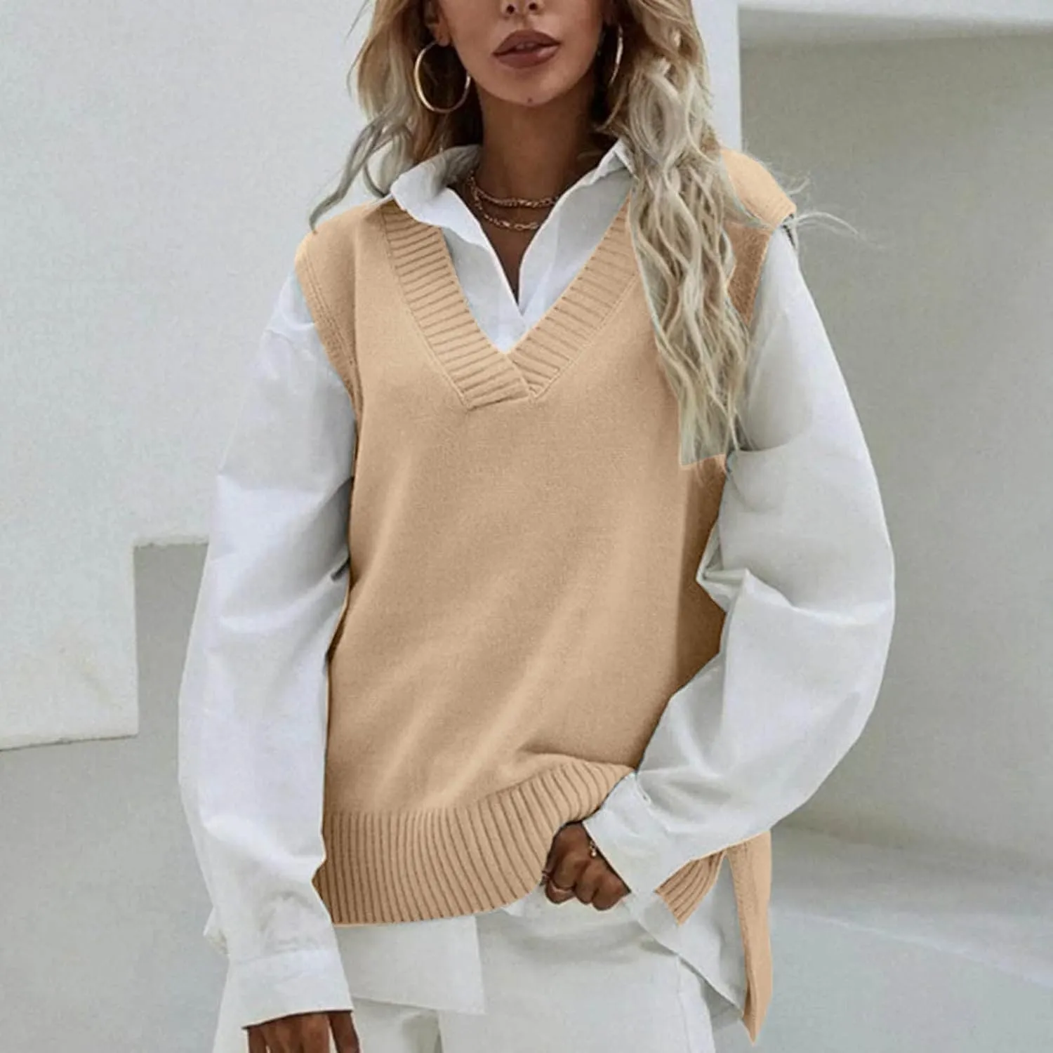 Womens V Neck Oversized Sweater Vest Oversized Sleeveless Cable Knitted Pullover Knit Vest Sweater