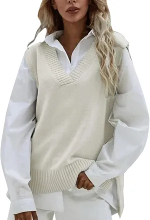 Womens V Neck Oversized Sweater Vest Oversized Sleeveless Cable Knitted Pullover Knit Vest Sweater