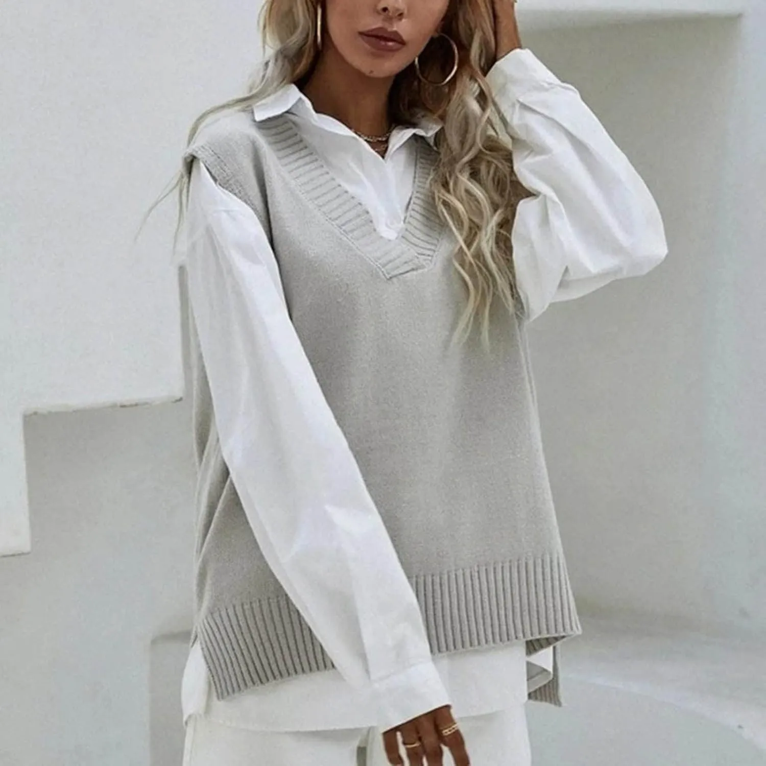 Womens V Neck Oversized Sweater Vest Oversized Sleeveless Cable Knitted Pullover Knit Vest Sweater
