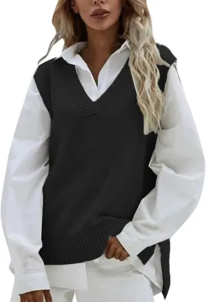 Womens V Neck Oversized Sweater Vest Oversized Sleeveless Cable Knitted Pullover Knit Vest Sweater