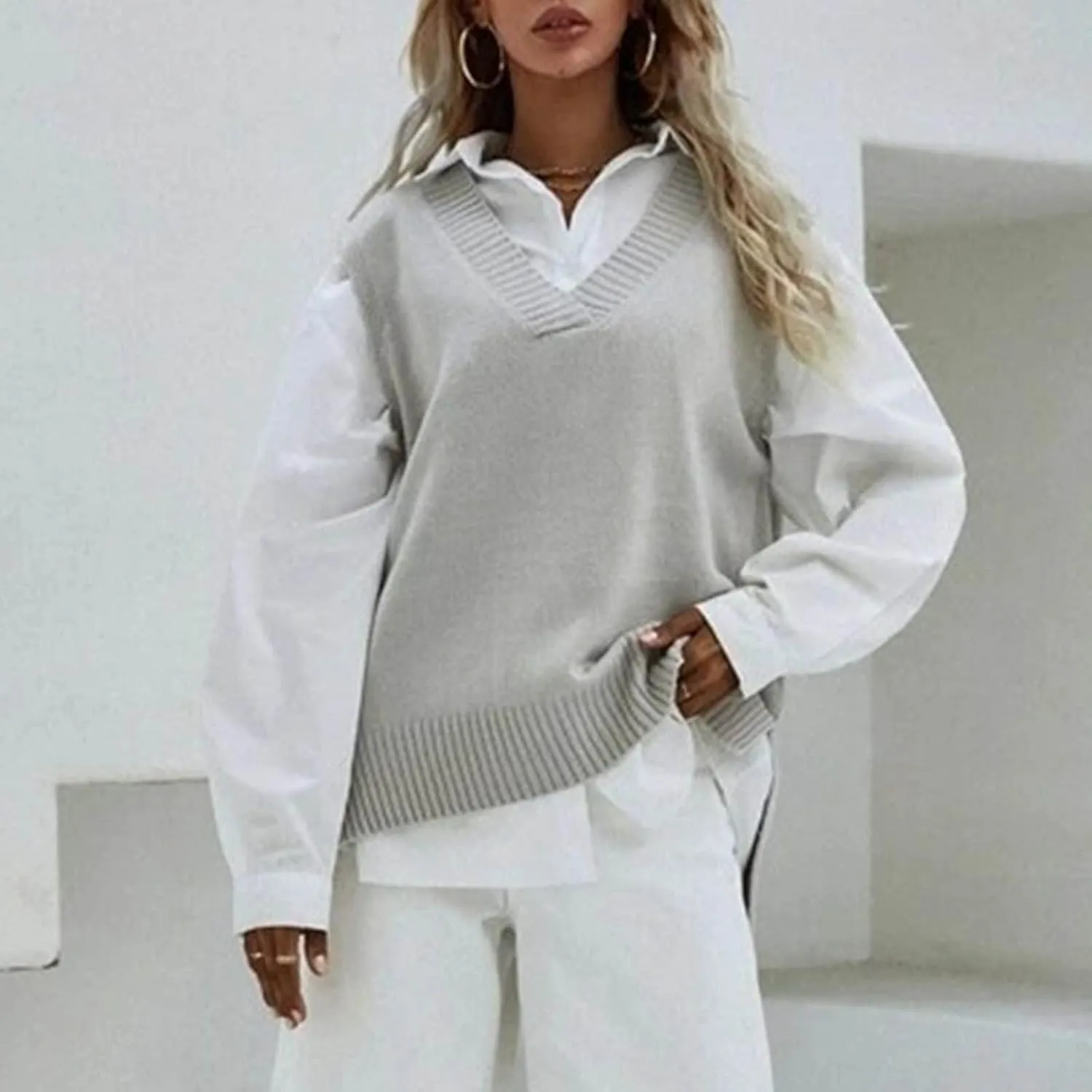 Womens V Neck Oversized Sweater Vest Oversized Sleeveless Cable Knitted Pullover Knit Vest Sweater