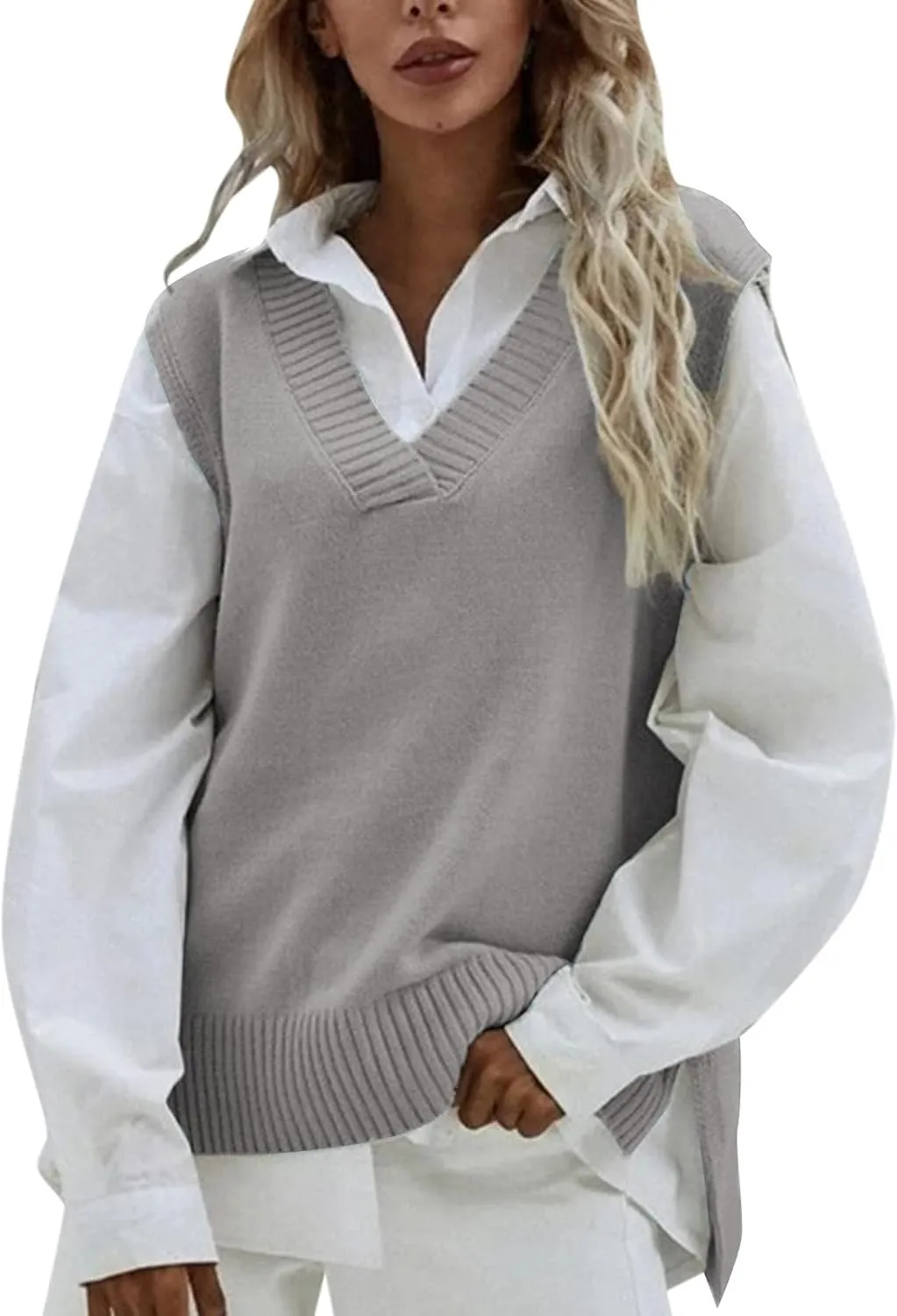 Womens V Neck Oversized Sweater Vest Oversized Sleeveless Cable Knitted Pullover Knit Vest Sweater