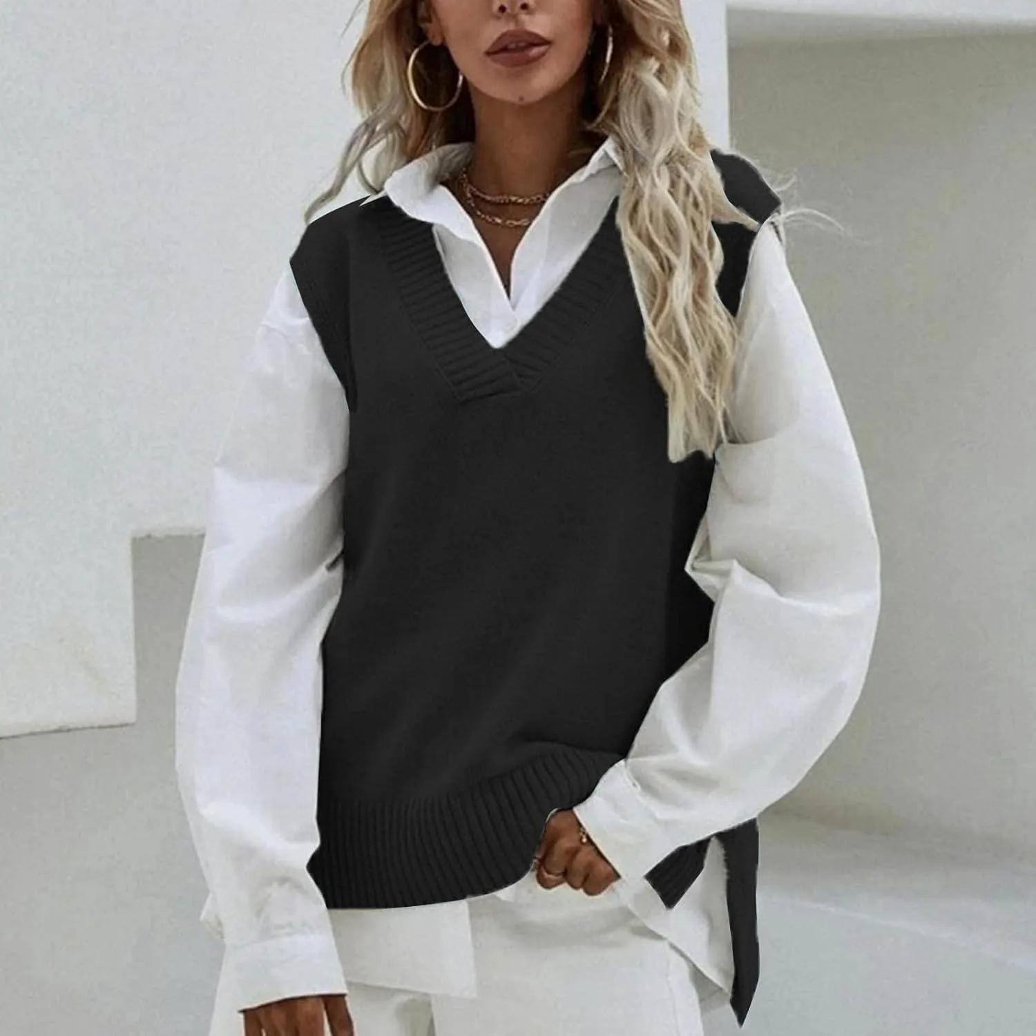 Womens V Neck Oversized Sweater Vest Oversized Sleeveless Cable Knitted Pullover Knit Vest Sweater