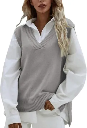 Womens V Neck Oversized Sweater Vest Oversized Sleeveless Cable Knitted Pullover Knit Vest Sweater