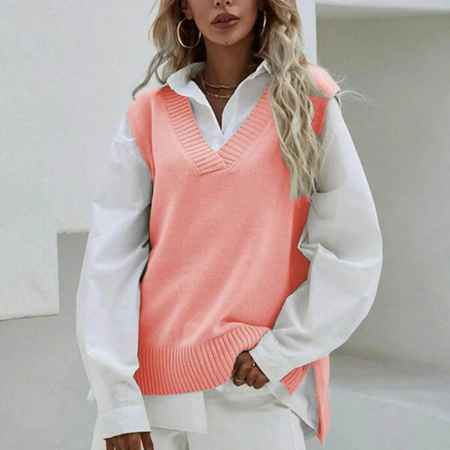 Womens V Neck Oversized Sweater Vest Oversized Sleeveless Cable Knitted Pullover Knit Vest Sweater